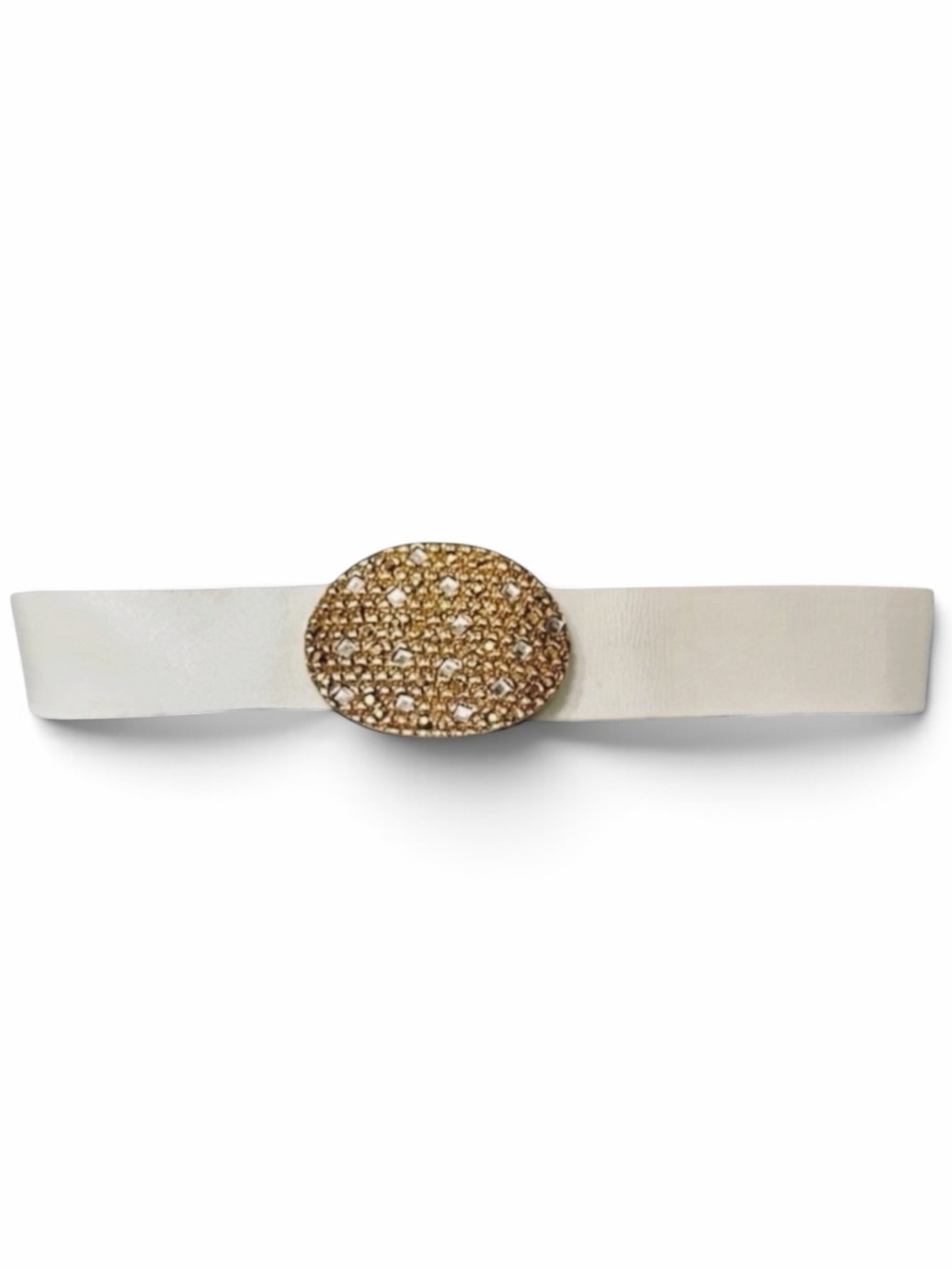St. John White Elastic Belt with Gold Rhinestone Oval Buckle